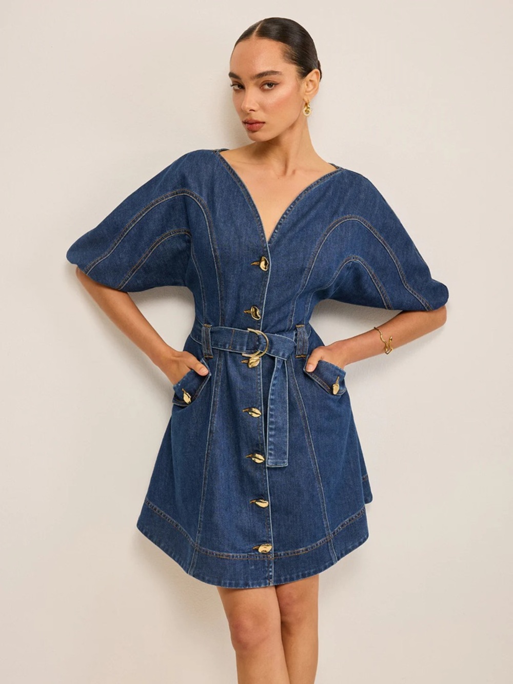 Commense Blue Pocketed Belted Denim Mini Dress Size XS NWT - Picture 4 of 7